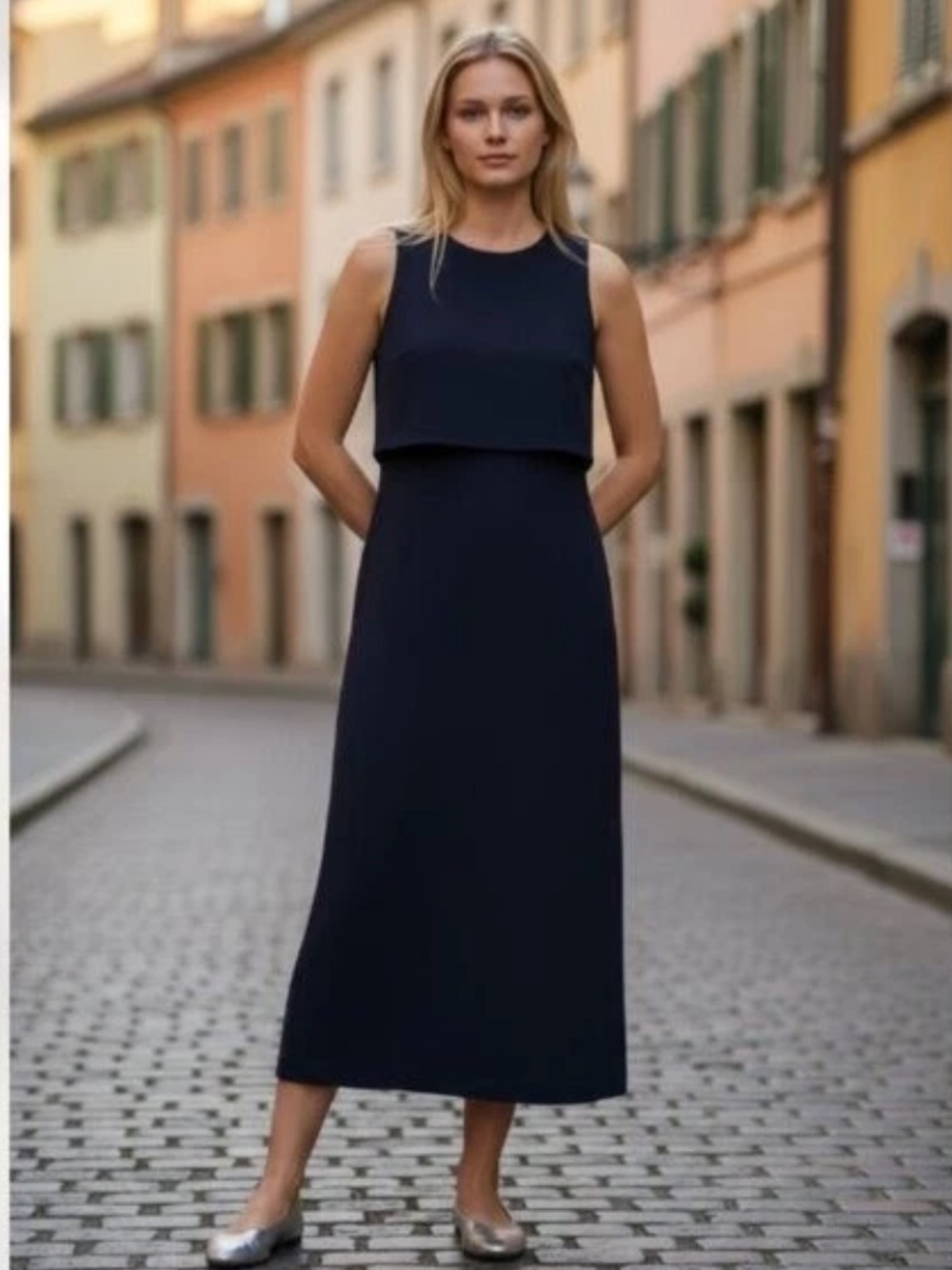 SPANX Navy Sleeveless Layered Maxi Dress Size M